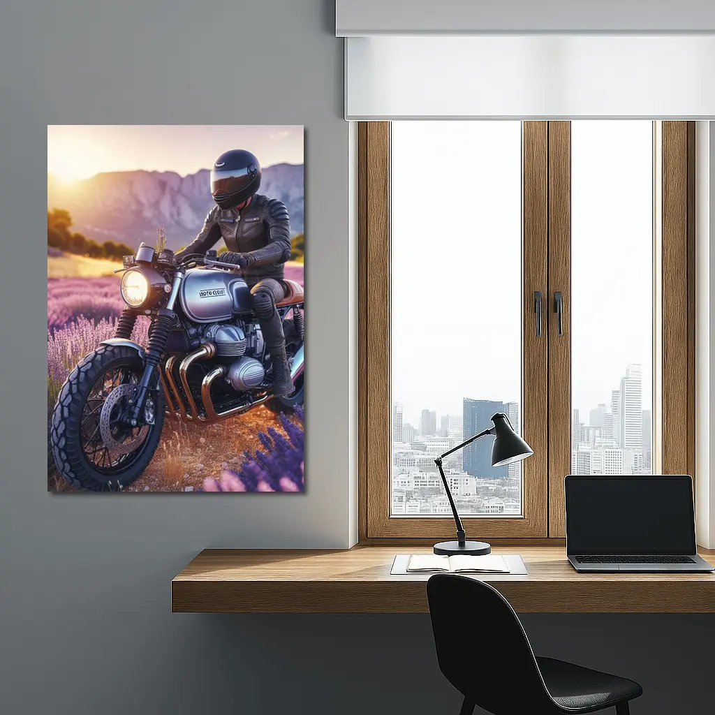 Cafe Racer Motorcycle Rider Lavender Fields Sunset – Wall Art