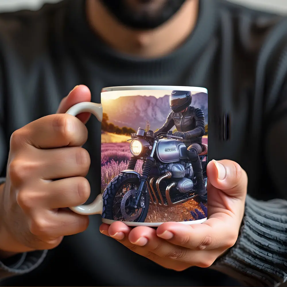 Cafe Racer Motorcycle Rider Lavender Fields Sunset – Mugs