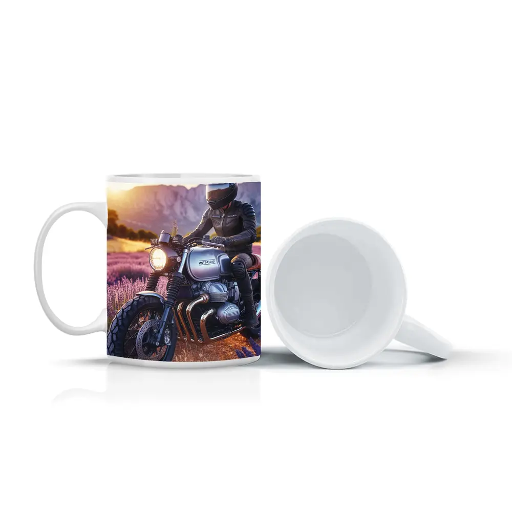 Cafe Racer Motorcycle Rider Lavender Fields Sunset – Mugs