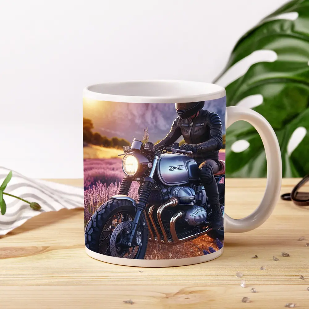 Cafe Racer Motorcycle Rider Lavender Fields Sunset – Mugs