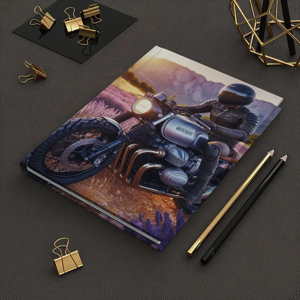 Cafe Racer Motorcycle Rider Lavender Fields Sunset – Notebooks