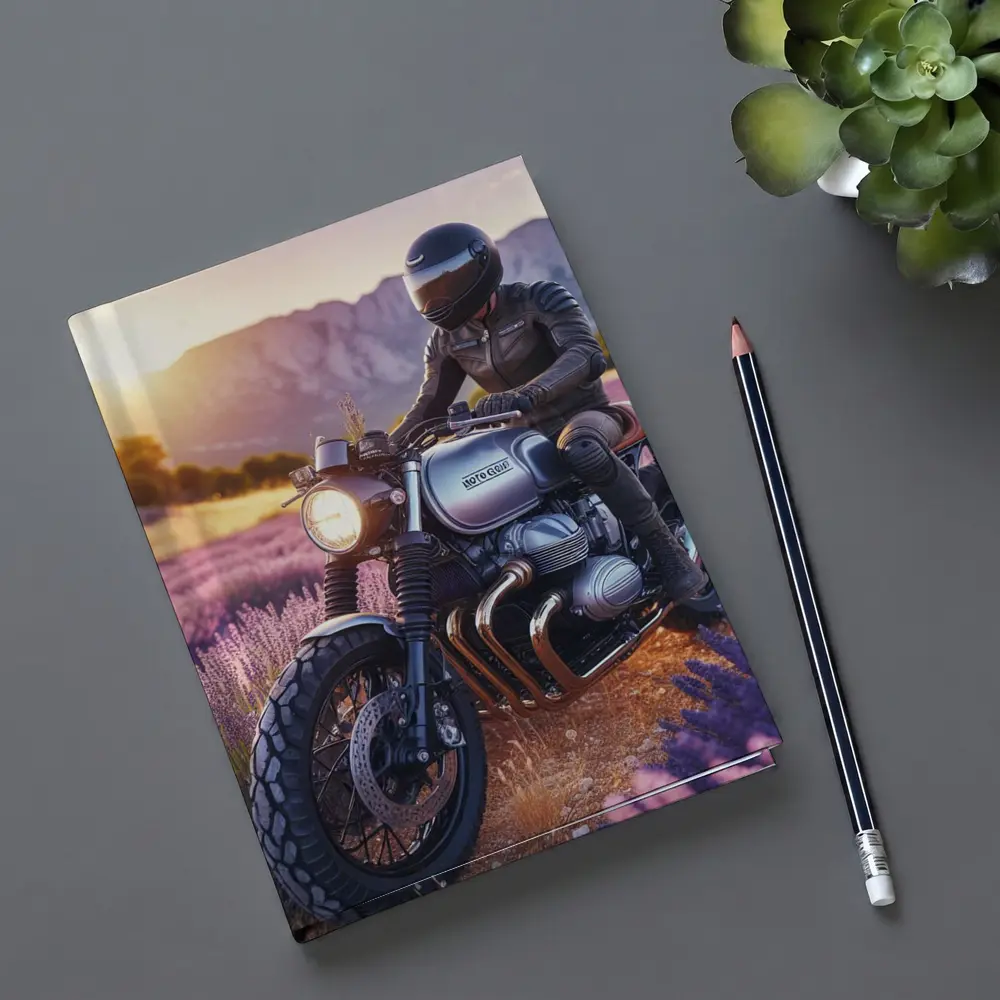 Cafe Racer Motorcycle Rider Lavender Fields Sunset – Notebooks