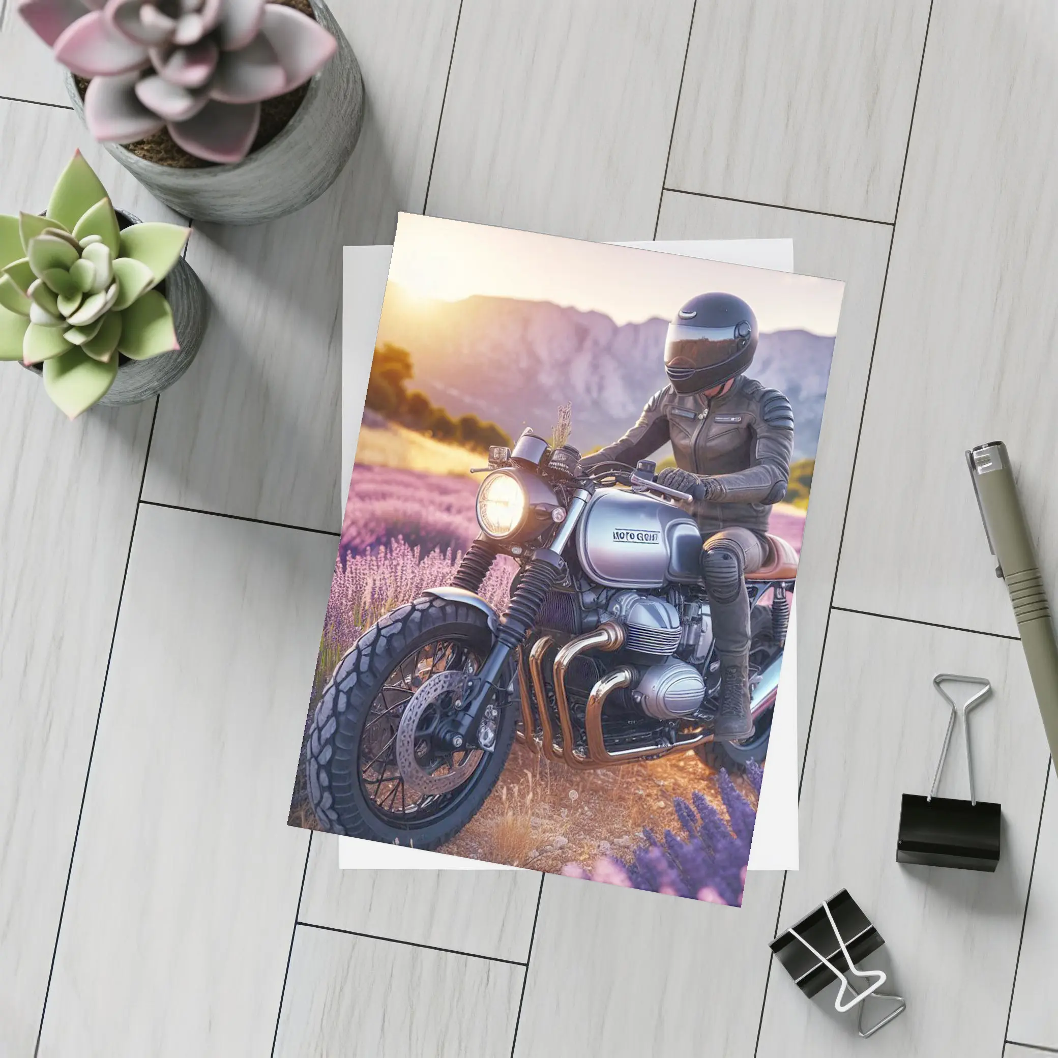 Cafe Racer Motorcycle Rider Lavender Fields Sunset – Postcards