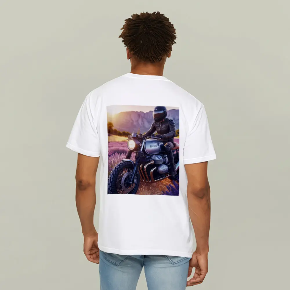 Cafe Racer Motorcycle Rider Lavender Fields Sunset – T-Shirts
