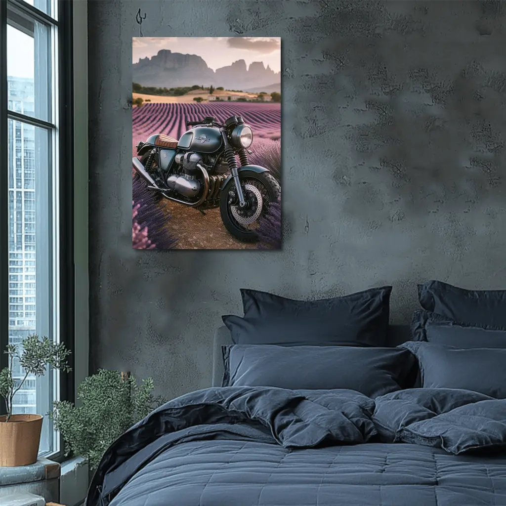Cafe Racer Motorcycle Lavender Fields Sunset – Wall Art