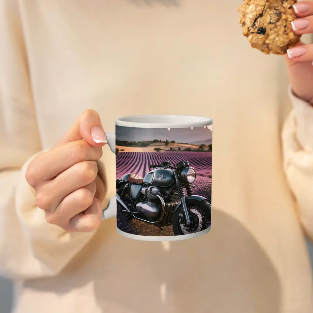 Cafe Racer Motorcycle Lavender Fields Sunset – Mugs