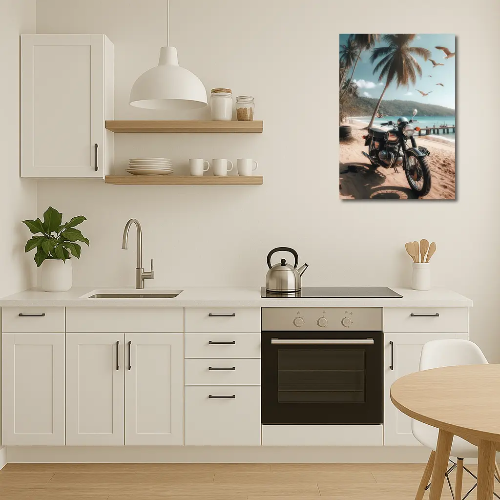 Classic Cafe Racer Motorcycle Tropical Beach Scene – Wall Art