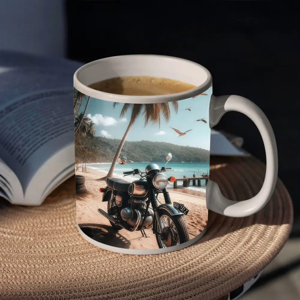 Classic Cafe Racer Motorcycle Tropical Beach Scene – Mugs
