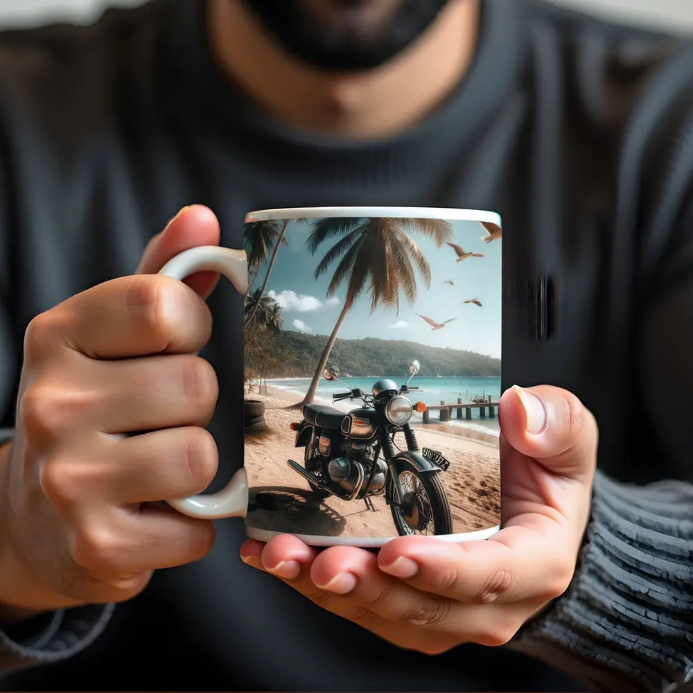 Classic Cafe Racer Motorcycle Tropical Beach Scene – Mugs