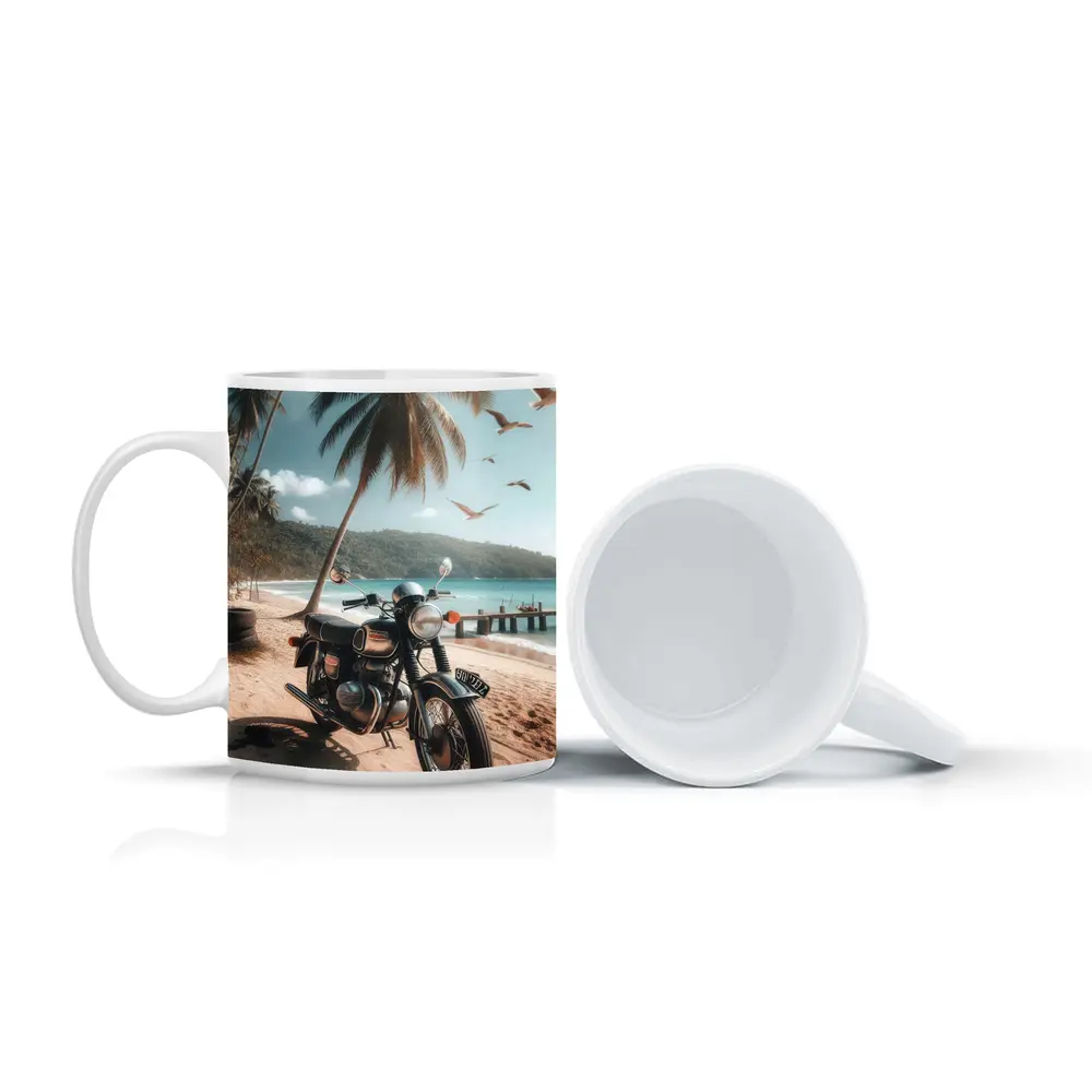 Classic Cafe Racer Motorcycle Tropical Beach Scene – Mugs