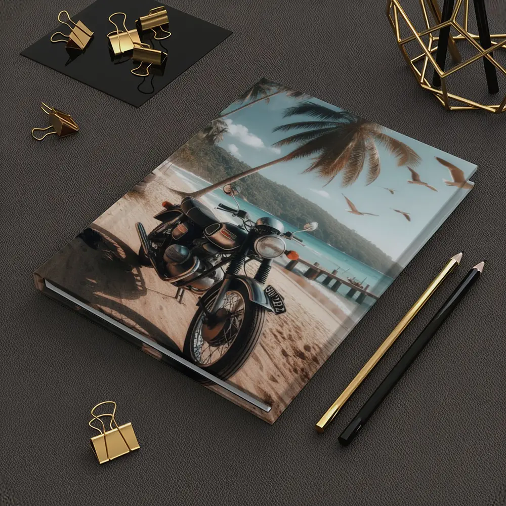 Classic Cafe Racer Motorcycle Tropical Beach Scene – Notebooks