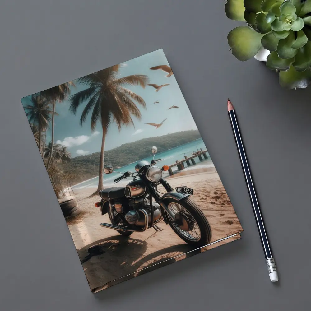 Classic Cafe Racer Motorcycle Tropical Beach Scene – Notebooks