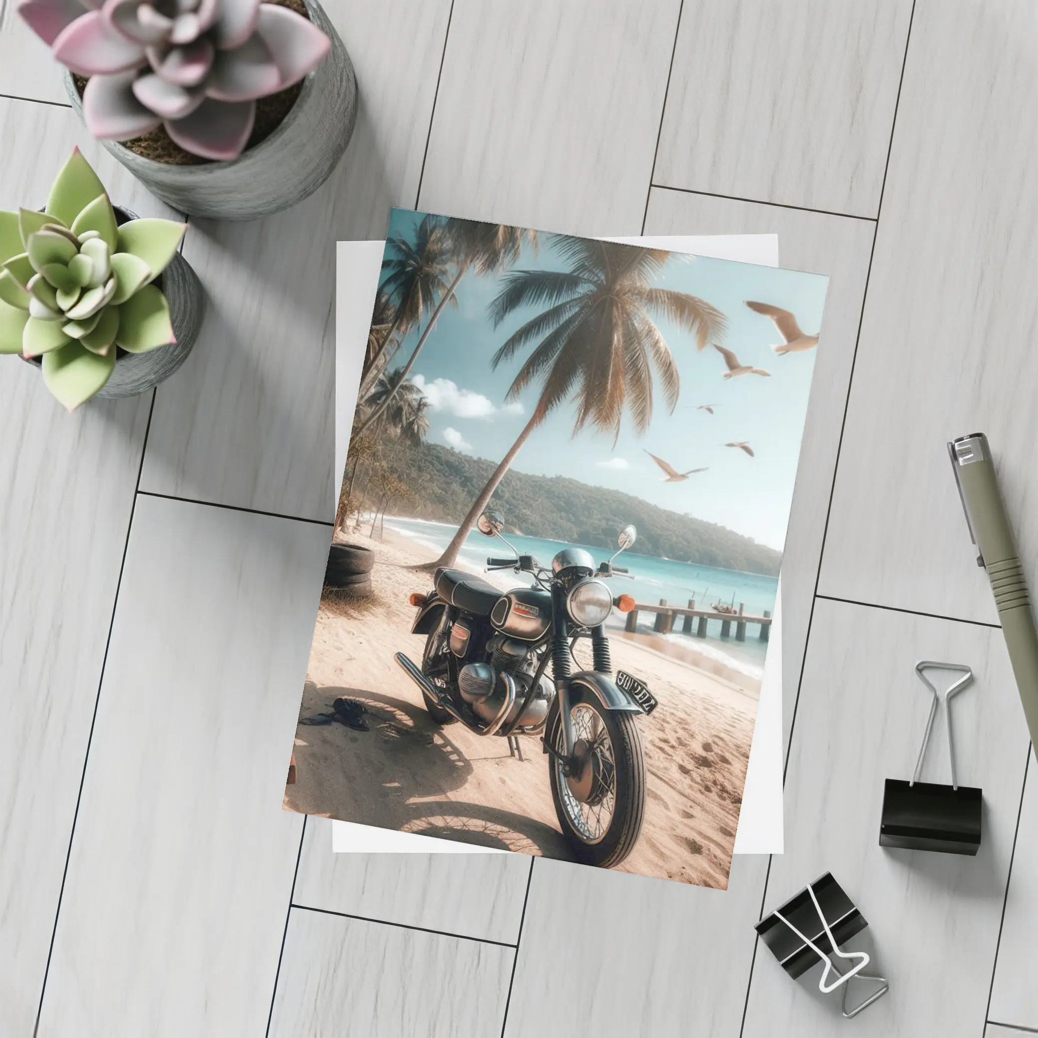 Classic Cafe Racer Motorcycle Tropical Beach Scene – Postcards