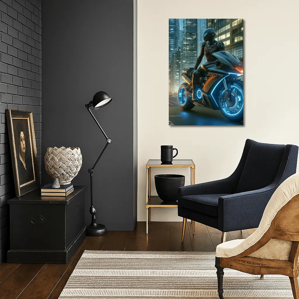 Futuristic Cyberpunk Motorcycle Rider Neon City – Wall Art