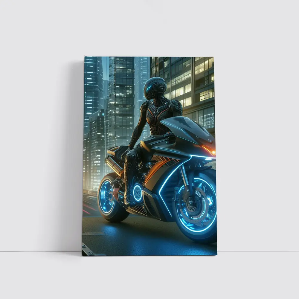 Futuristic Cyberpunk Motorcycle Rider Neon City – Wall Art