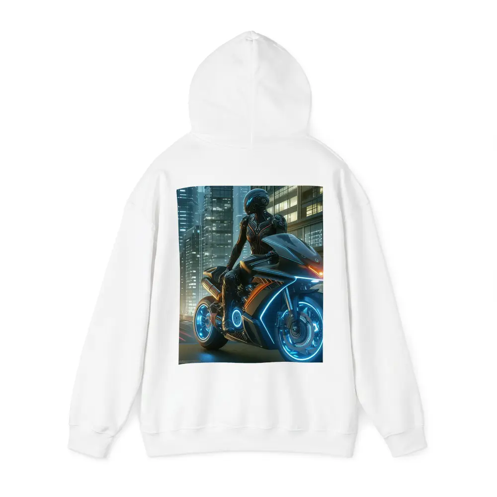 Futuristic Cyberpunk Motorcycle Rider Neon City – Hoodies