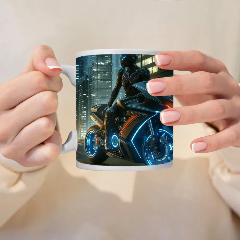 Futuristic Cyberpunk Motorcycle Rider Neon City – Mugs