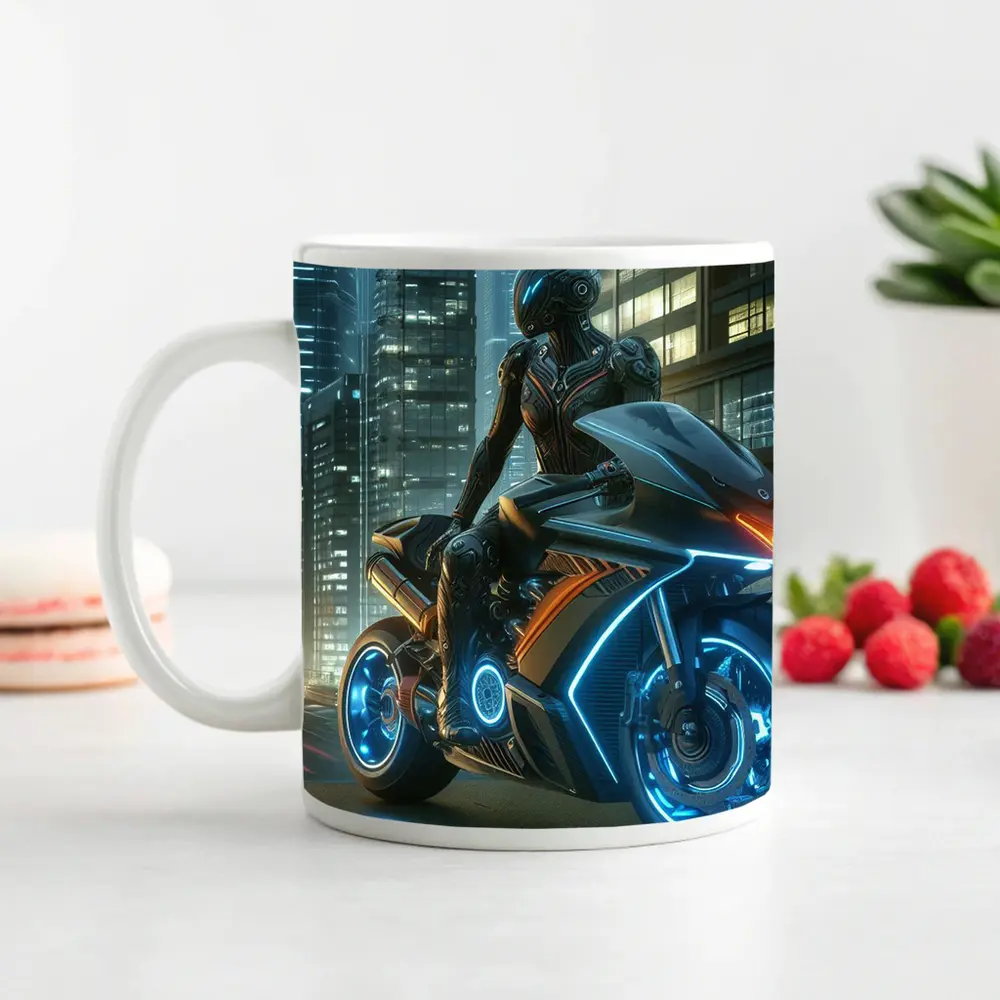 Futuristic Cyberpunk Motorcycle Rider Neon City – Mugs