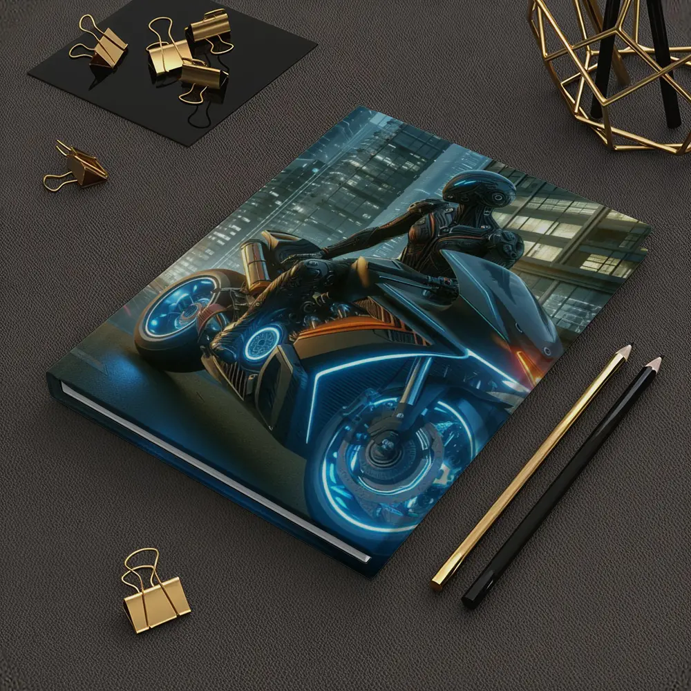 Futuristic Cyberpunk Motorcycle Rider Neon City – Notebooks