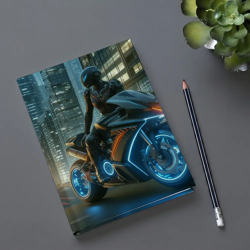 Futuristic Cyberpunk Motorcycle Rider Neon City – Notebooks