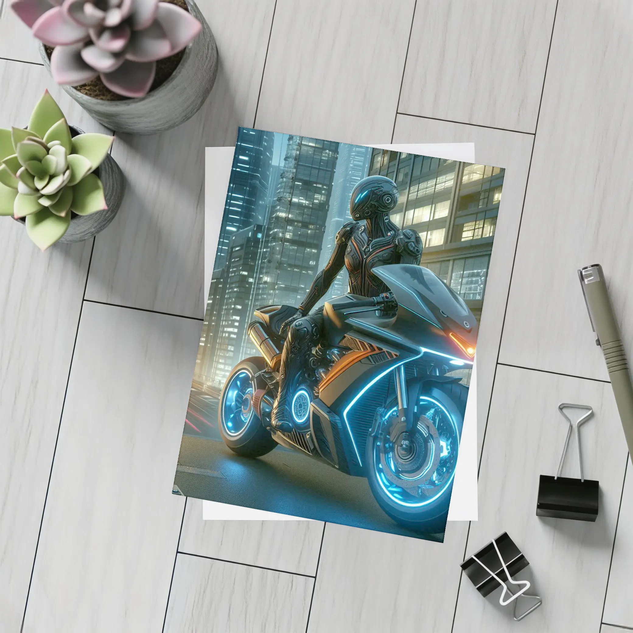 Futuristic Cyberpunk Motorcycle Rider Neon City – Postcards
