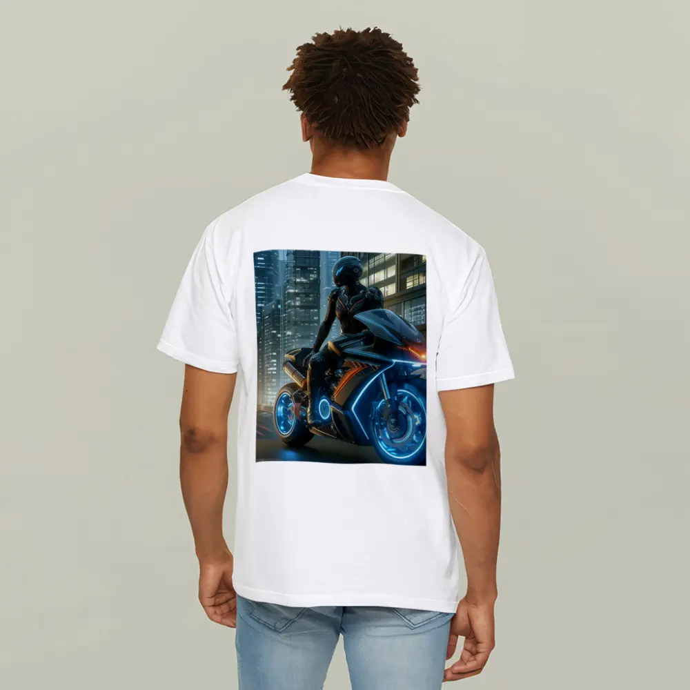 Futuristic Cyberpunk Motorcycle Rider Neon City – T-Shirts