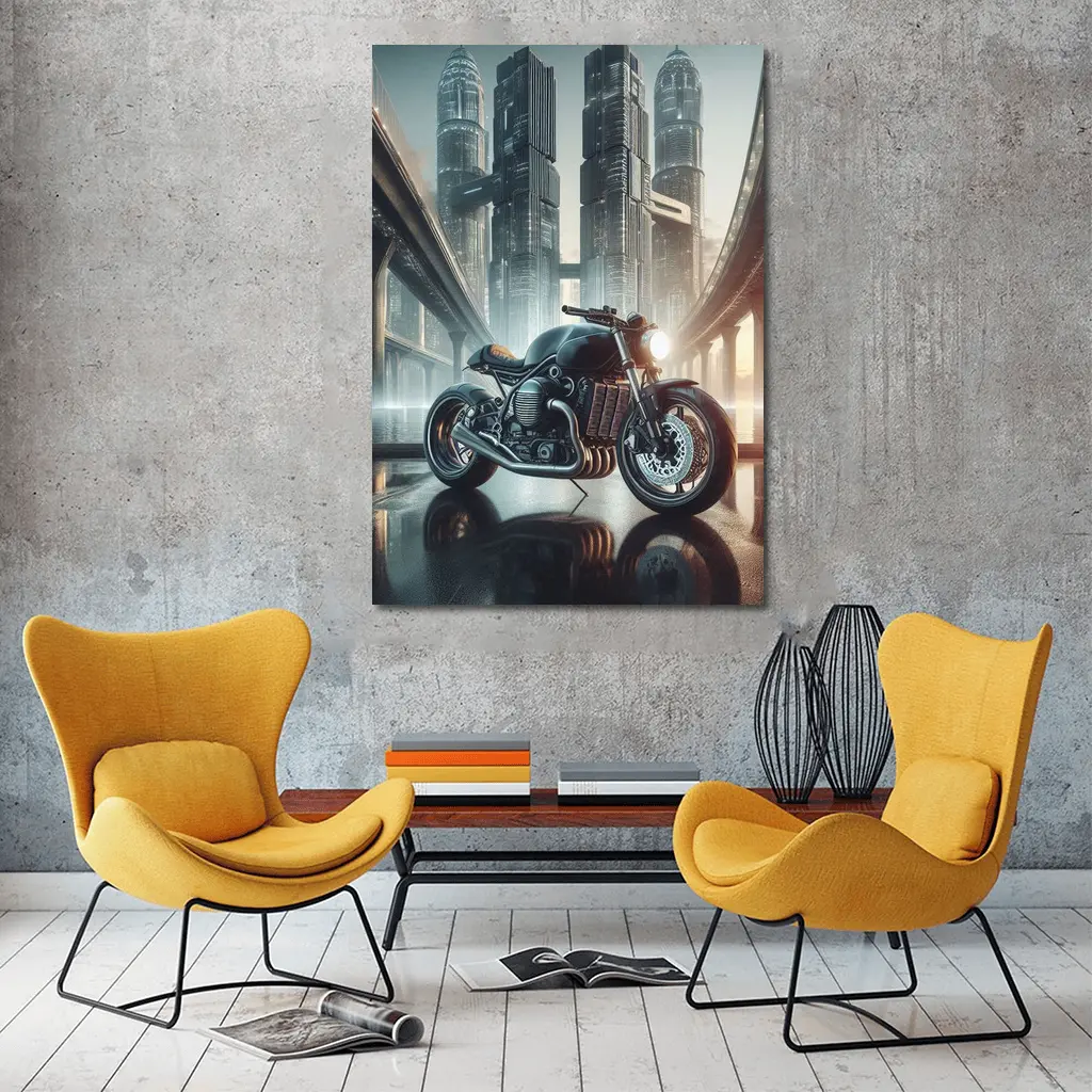 Dark Cafe Racer Motorcycle Futuristic City – Wall Art