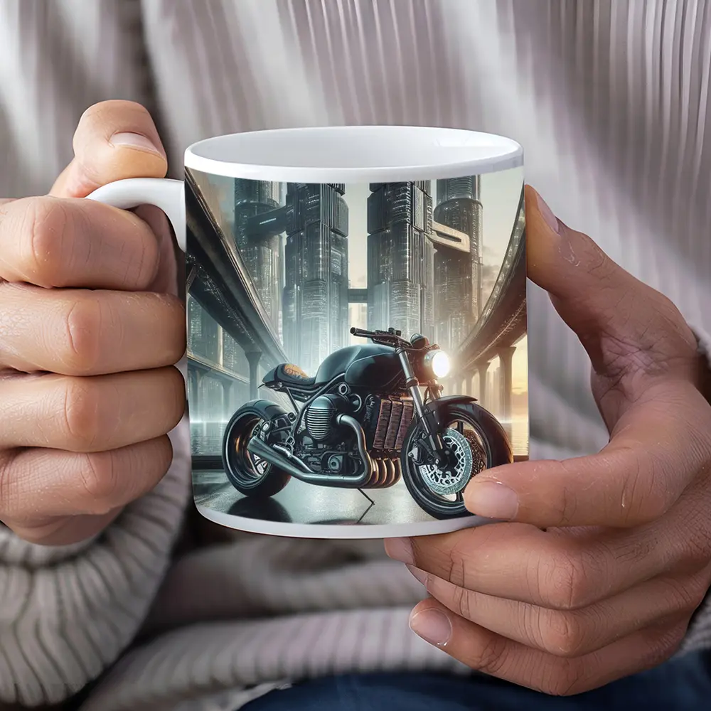 Dark Cafe Racer Motorcycle Futuristic City – Mugs