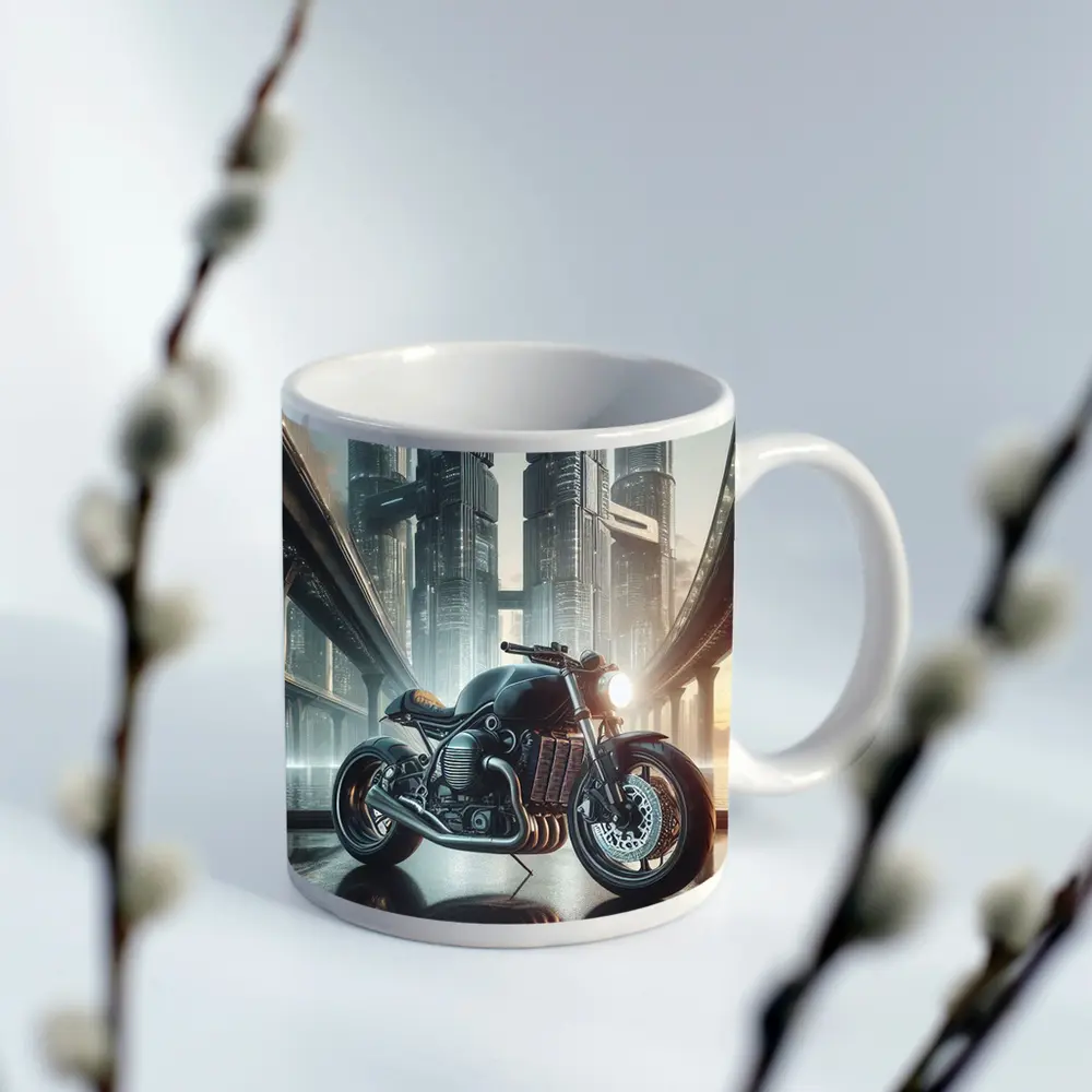 Dark Cafe Racer Motorcycle Futuristic City – Mugs