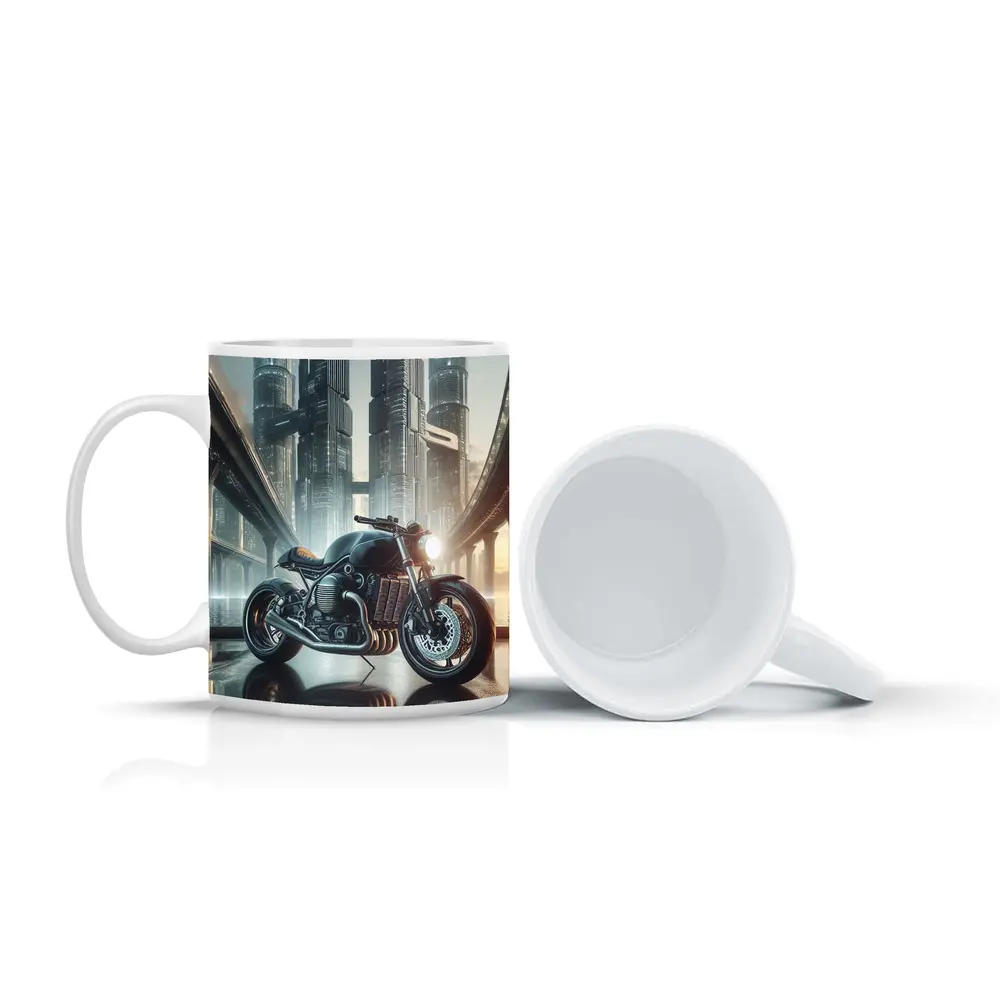 Dark Cafe Racer Motorcycle Futuristic City – Mugs