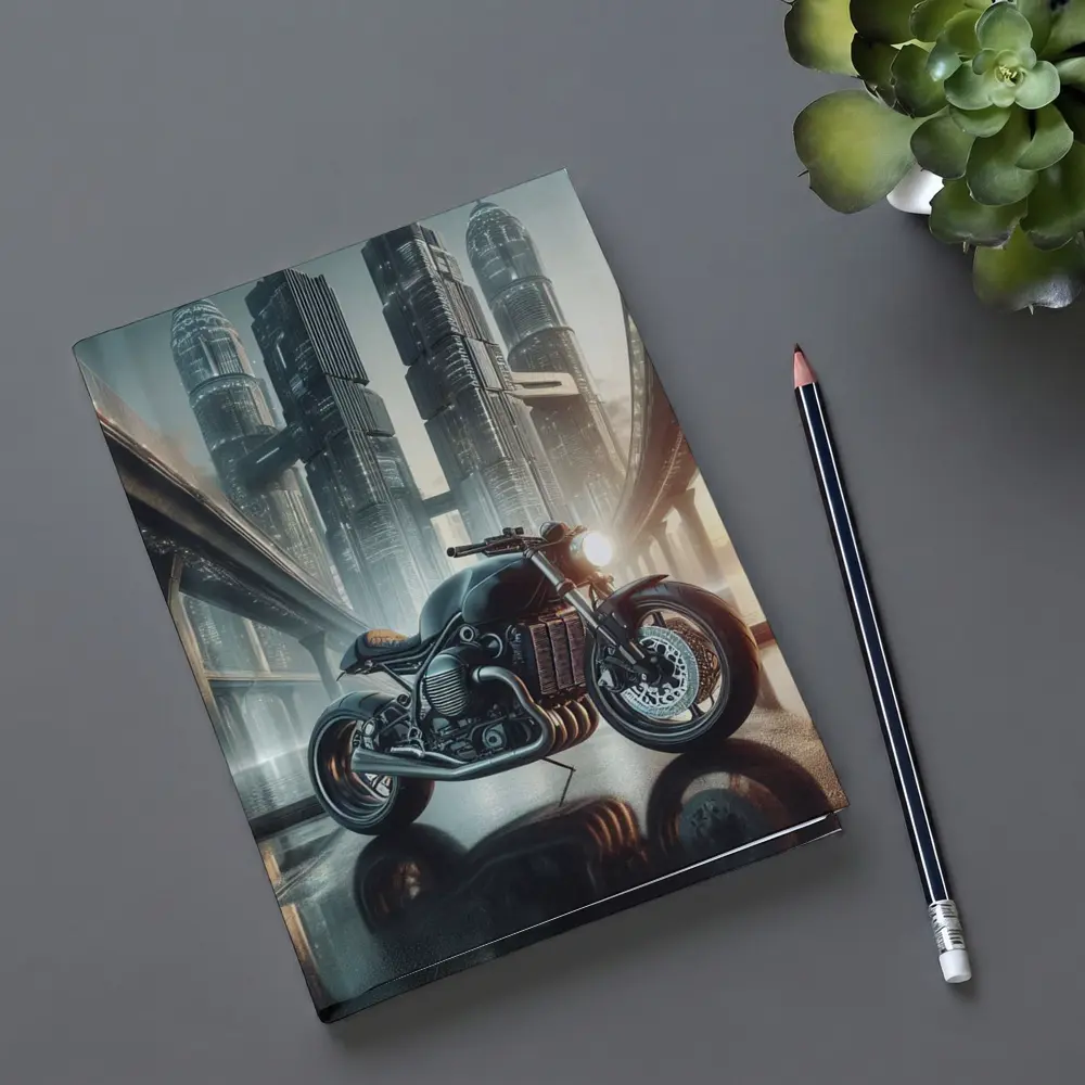 Dark Cafe Racer Motorcycle Futuristic City – Notebooks