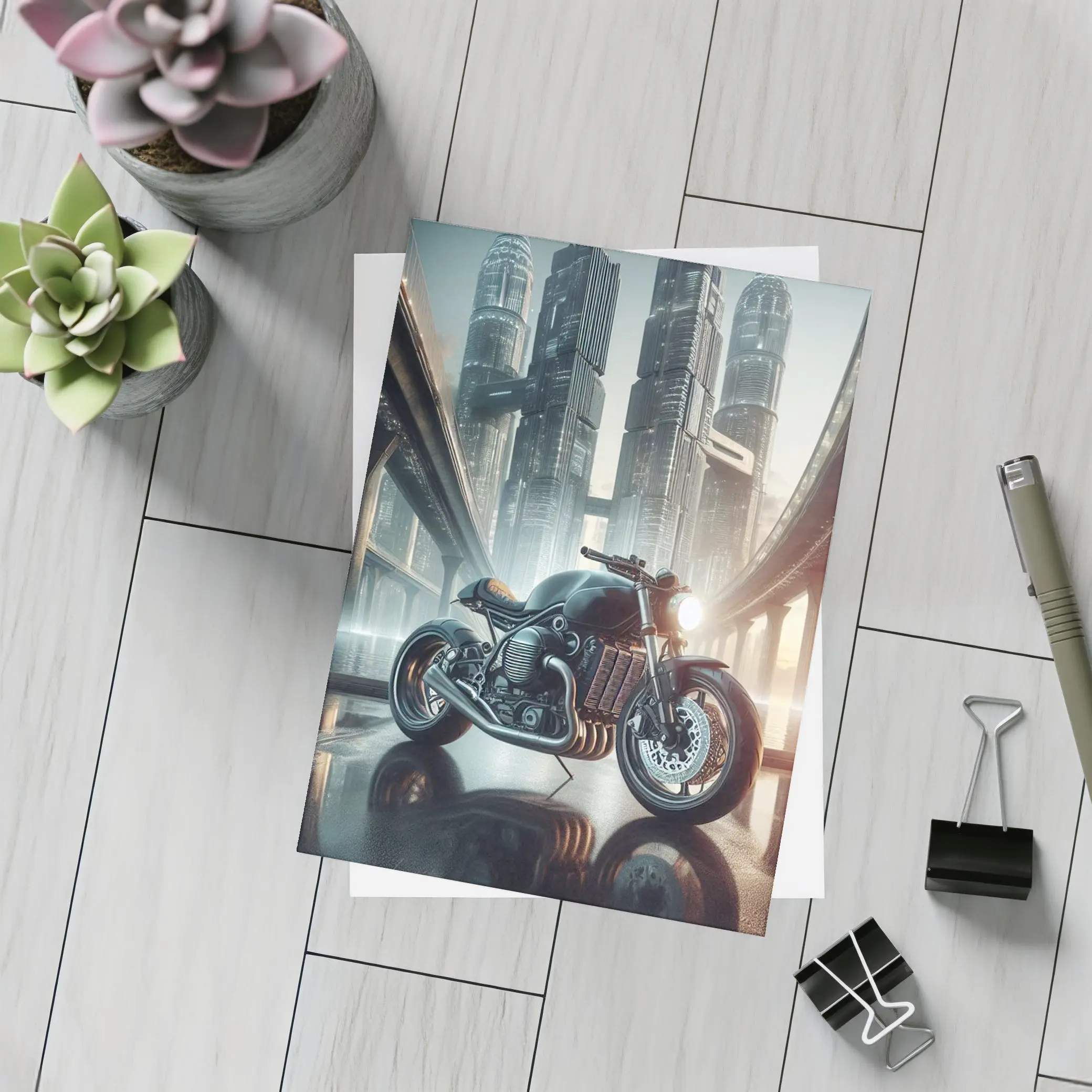 Dark Cafe Racer Motorcycle Futuristic City – Postcards