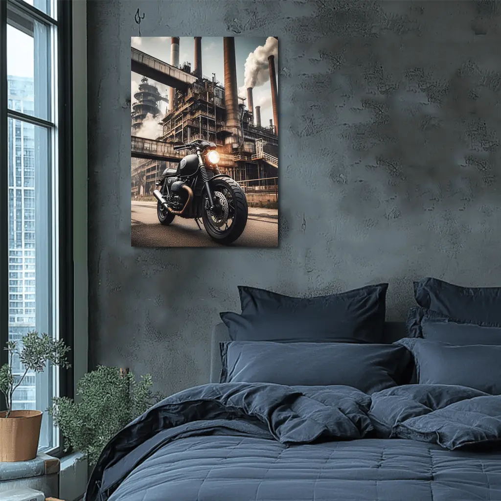 Black Cafe Racer Motorcycle Industrial Factory Background – Wall Art