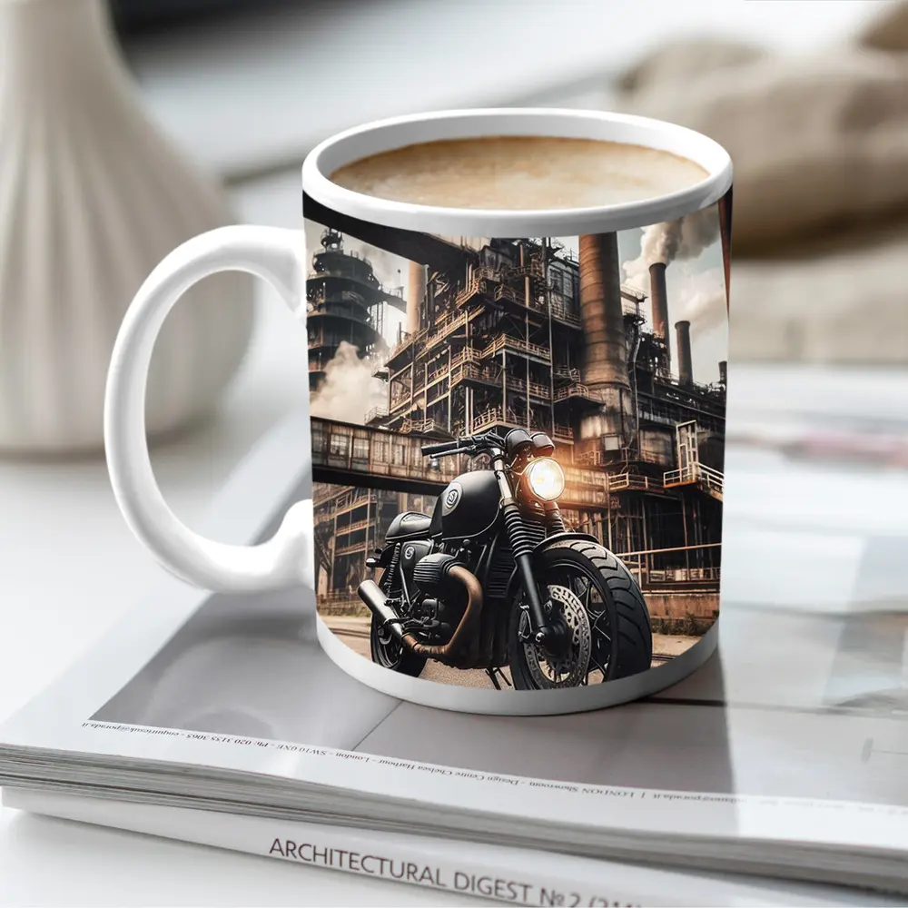 Black Cafe Racer Motorcycle Industrial Factory Background – Mugs