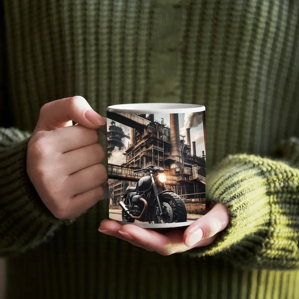 Black Cafe Racer Motorcycle Industrial Factory Background – Mugs