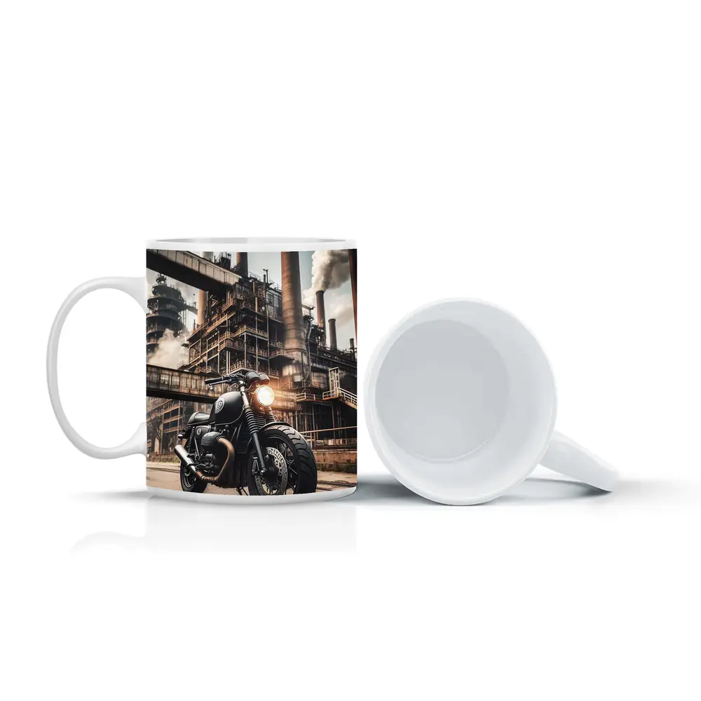 Black Cafe Racer Motorcycle Industrial Factory Background – Mugs