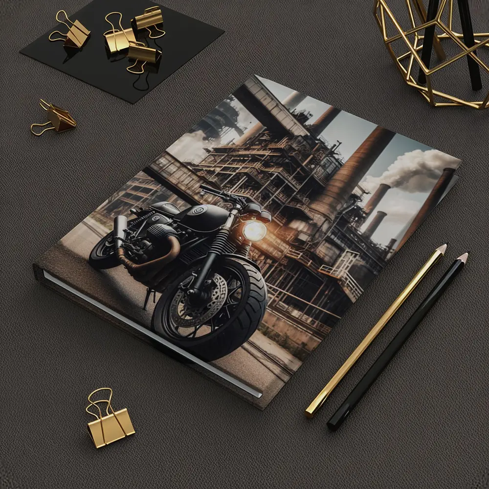 Black Cafe Racer Motorcycle Industrial Factory Background – Notebooks