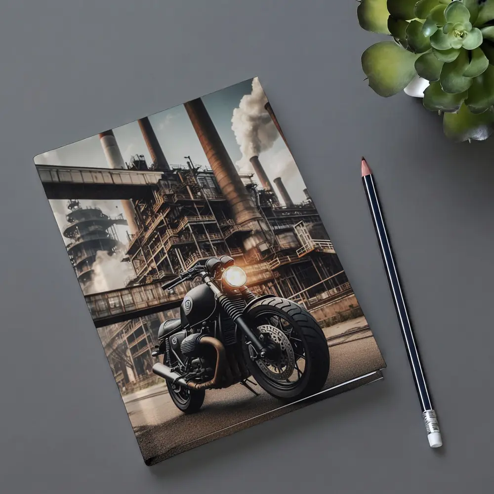 Black Cafe Racer Motorcycle Industrial Factory Background – Notebooks