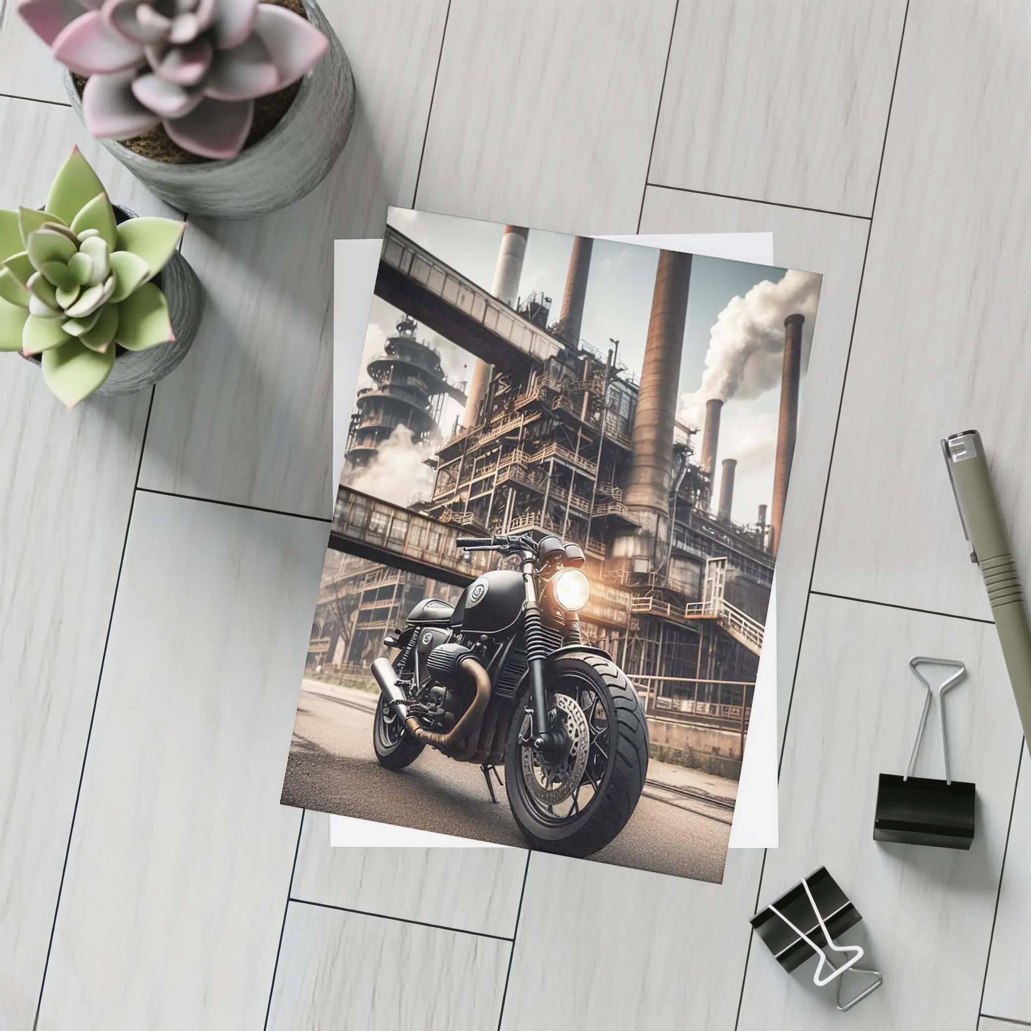 Black Cafe Racer Motorcycle Industrial Factory Background – Postcards