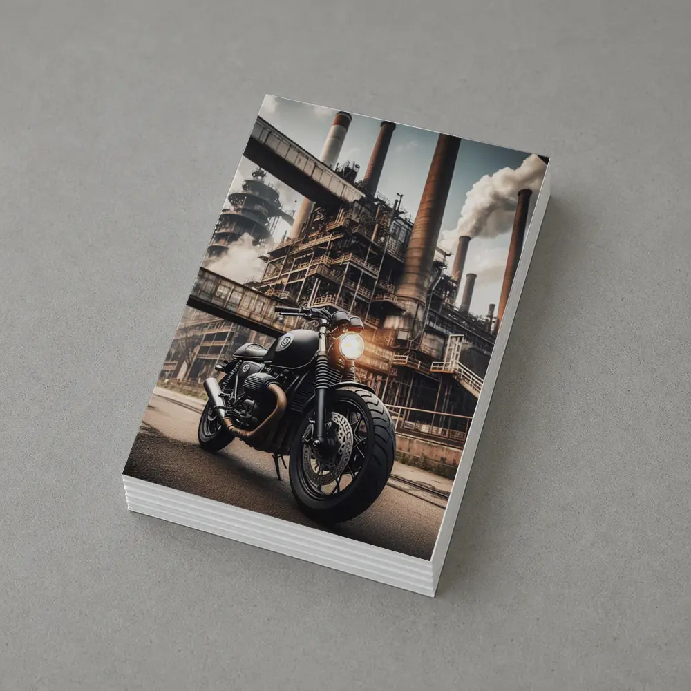 Black Cafe Racer Motorcycle Industrial Factory Background – Postcards