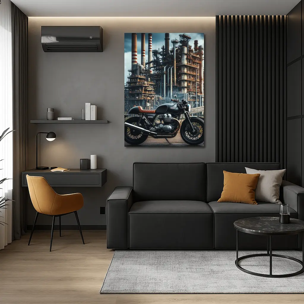 Cafe Racer Motorcycle Industrial Refinery Background – Wall Art