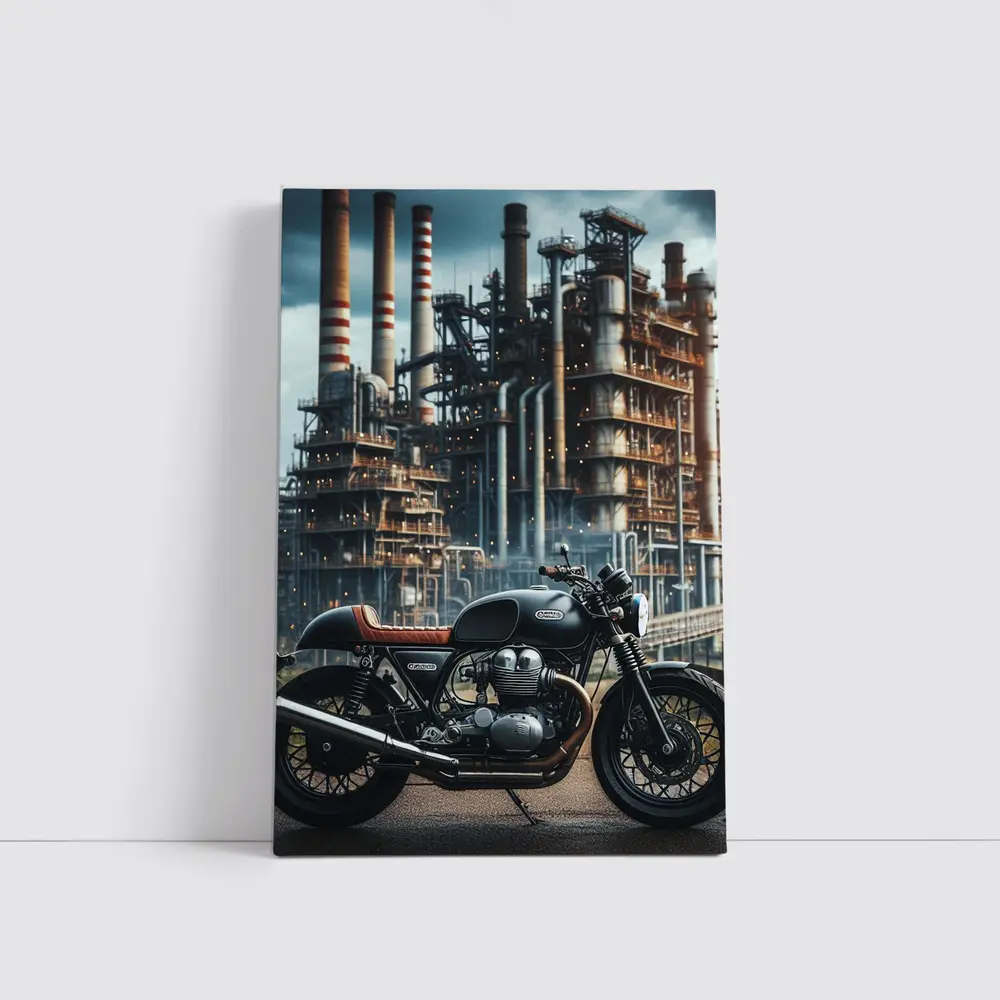 Cafe Racer Motorcycle Industrial Refinery Background – Wall Art