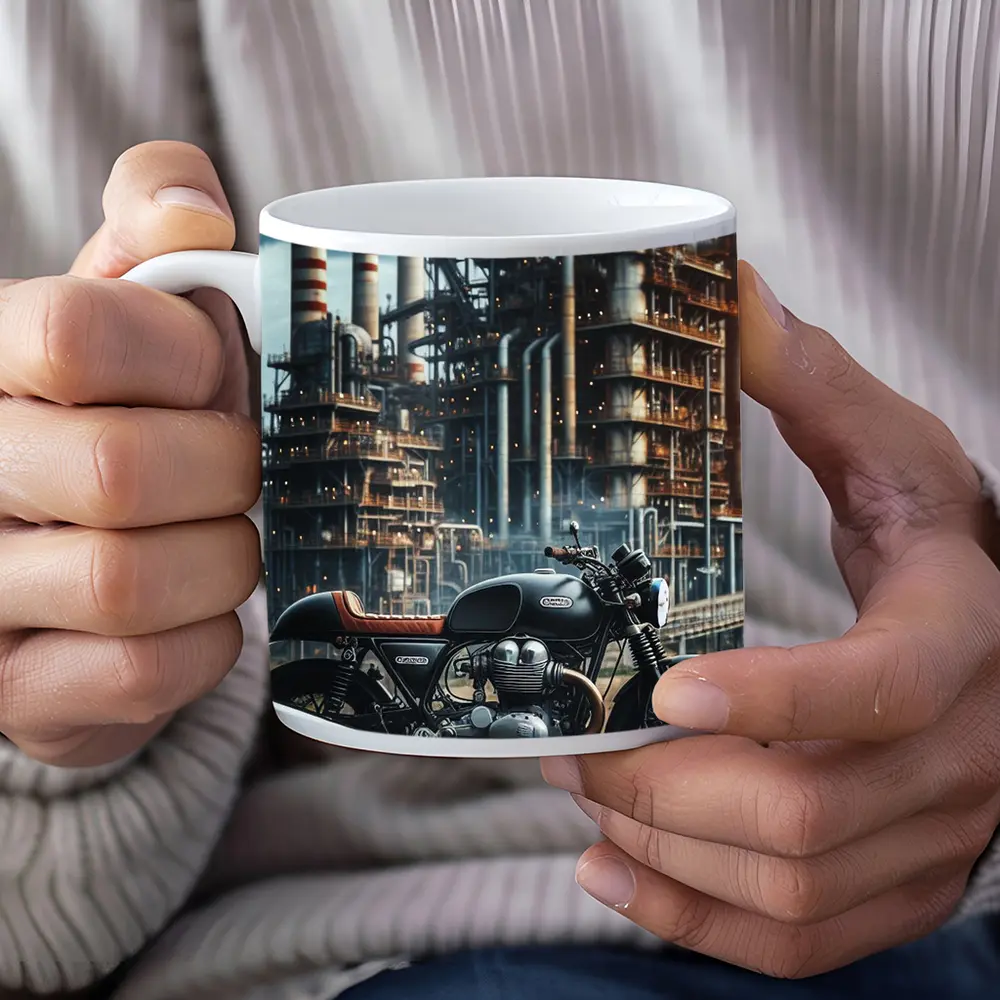 Cafe Racer Motorcycle Industrial Refinery Background – Mugs