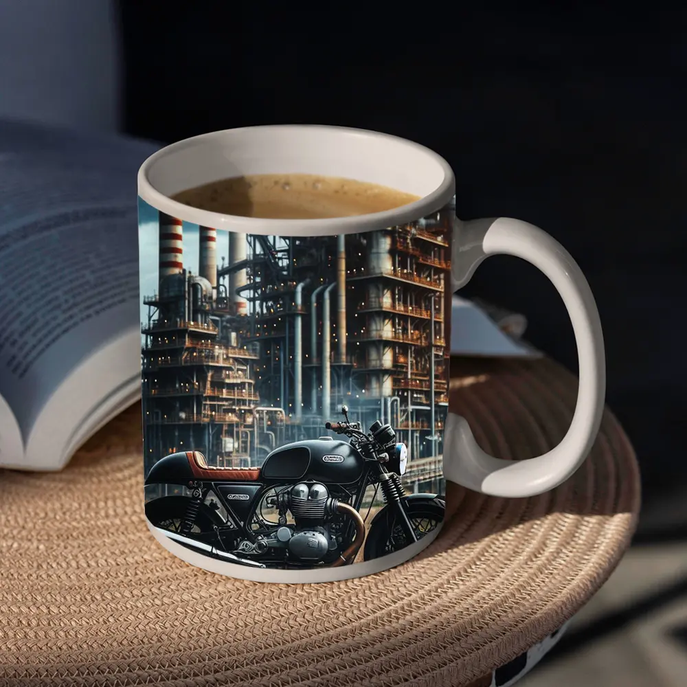 Cafe Racer Motorcycle Industrial Refinery Background – Mugs