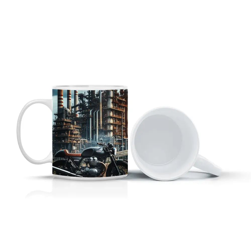 Cafe Racer Motorcycle Industrial Refinery Background – Mugs