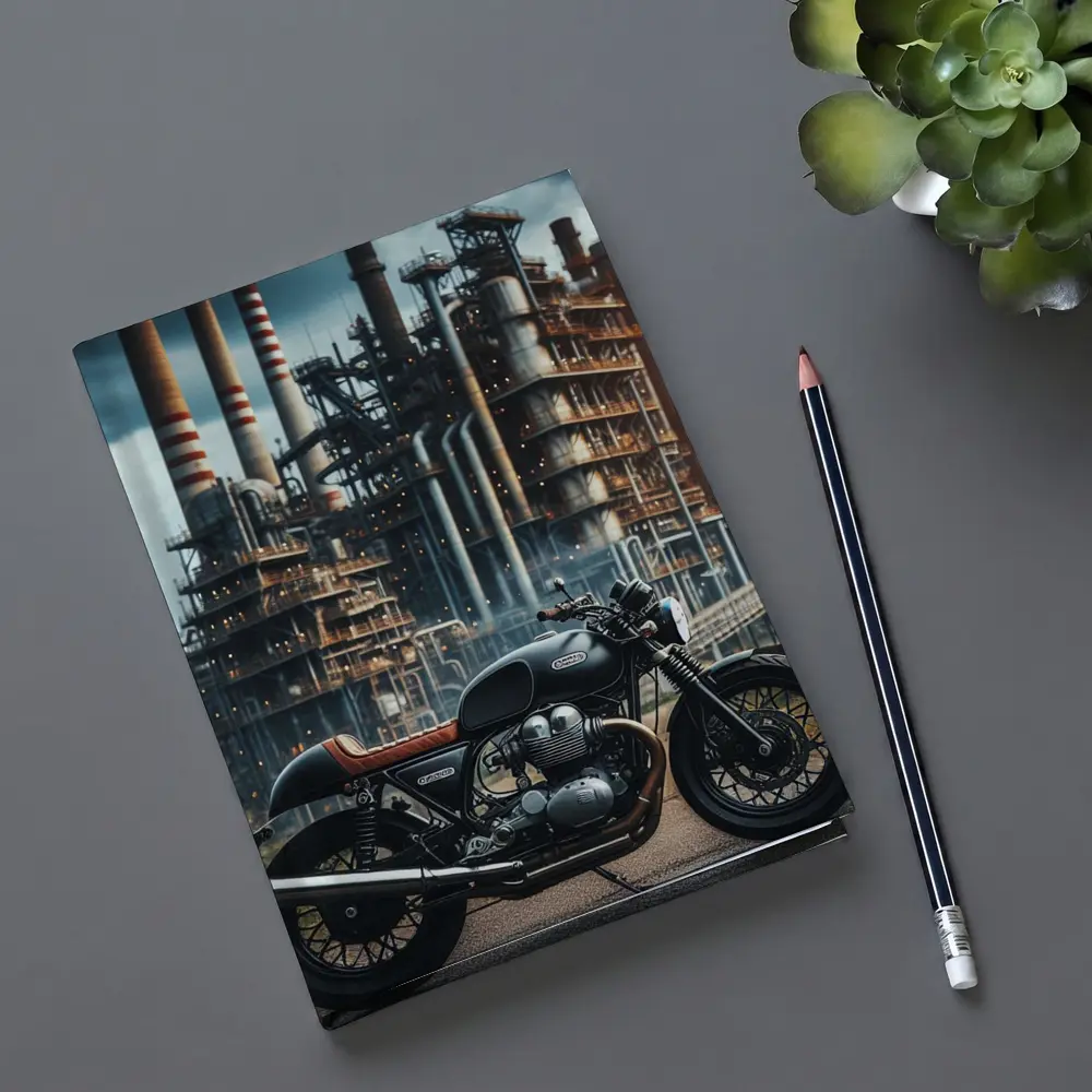 Cafe Racer Motorcycle Industrial Refinery Background – Notebooks