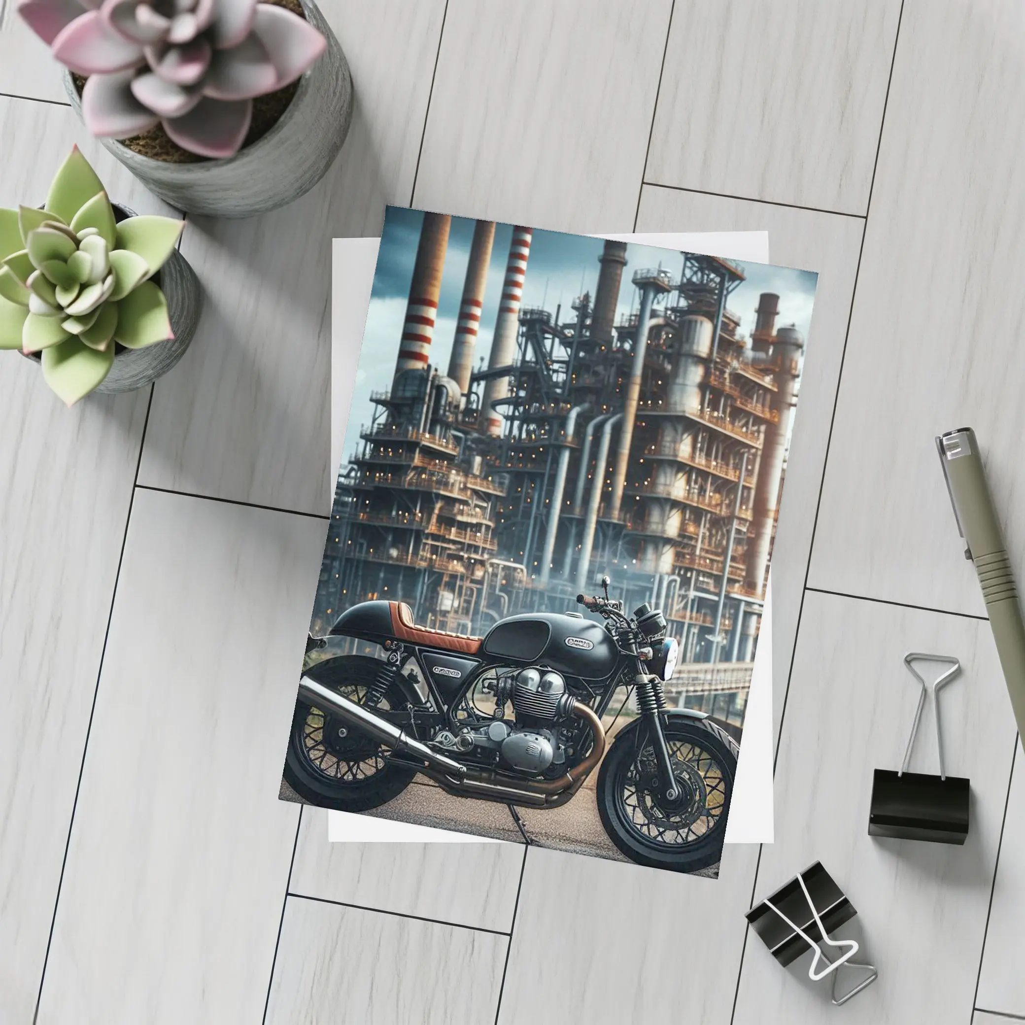 Cafe Racer Motorcycle Industrial Refinery Background – Postcards