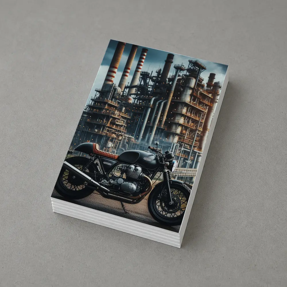Cafe Racer Motorcycle Industrial Refinery Background – Postcards