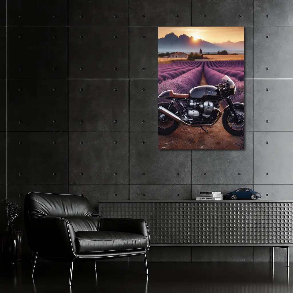 Cafe Racer Motorcycle Lavender Fields Sunset – Wall Art