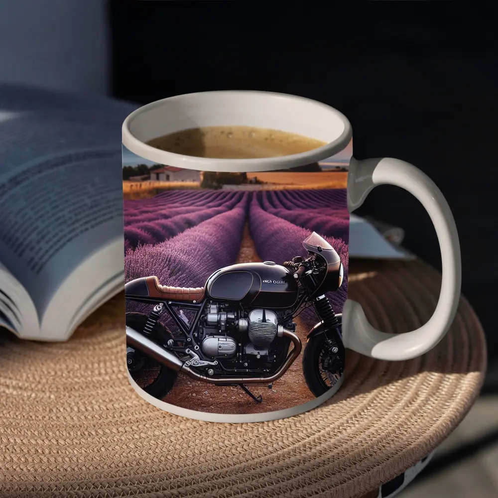 Cafe Racer Motorcycle Lavender Fields Sunset – Mugs